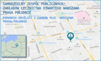 PORADNIA GRUŹLICY I CHORÓB PŁUC - SAMODZIELNY ZESPÓŁ PUBLICZNYCH ZAKŁADÓW LECZNICTWA OTWARTEGO WARSZAWA PRAGA POŁUDNIE - SASKA 61,  WARSZAWA PRAGA-POŁUDNIE
