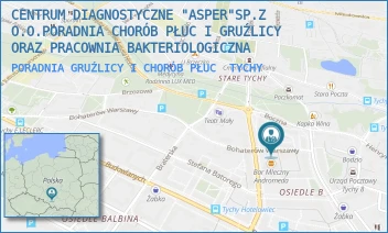 PORADNIA GRUŹLICY I CHORÓB PŁUC - CENTRUM DIAGNOSTYCZNE "ASPER"SP.Z O.O.PORADNIA CHORÓB PŁUC I GRUŹLICY ORAZ PRACOWNIA BAKTERIOLOGICZNA - UL. UL. BOHATERÓW WARSZAWY 11 11,  TYCHY
