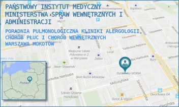 PORADNIA PULMONOLOGICZNA KLINIKI ALERGOLOGII, CHORÓB PŁUC I CHORÓB WEWNĘTRZNYCH - PAŃSTWOWY INSTYTUT MEDYCZNY MINISTERSTWA SPRAW WEWNĘTRZNYCH I ADMINISTRACJI - SANDOMIERSKA 5/7,  WARSZAWA MOKOTÓW